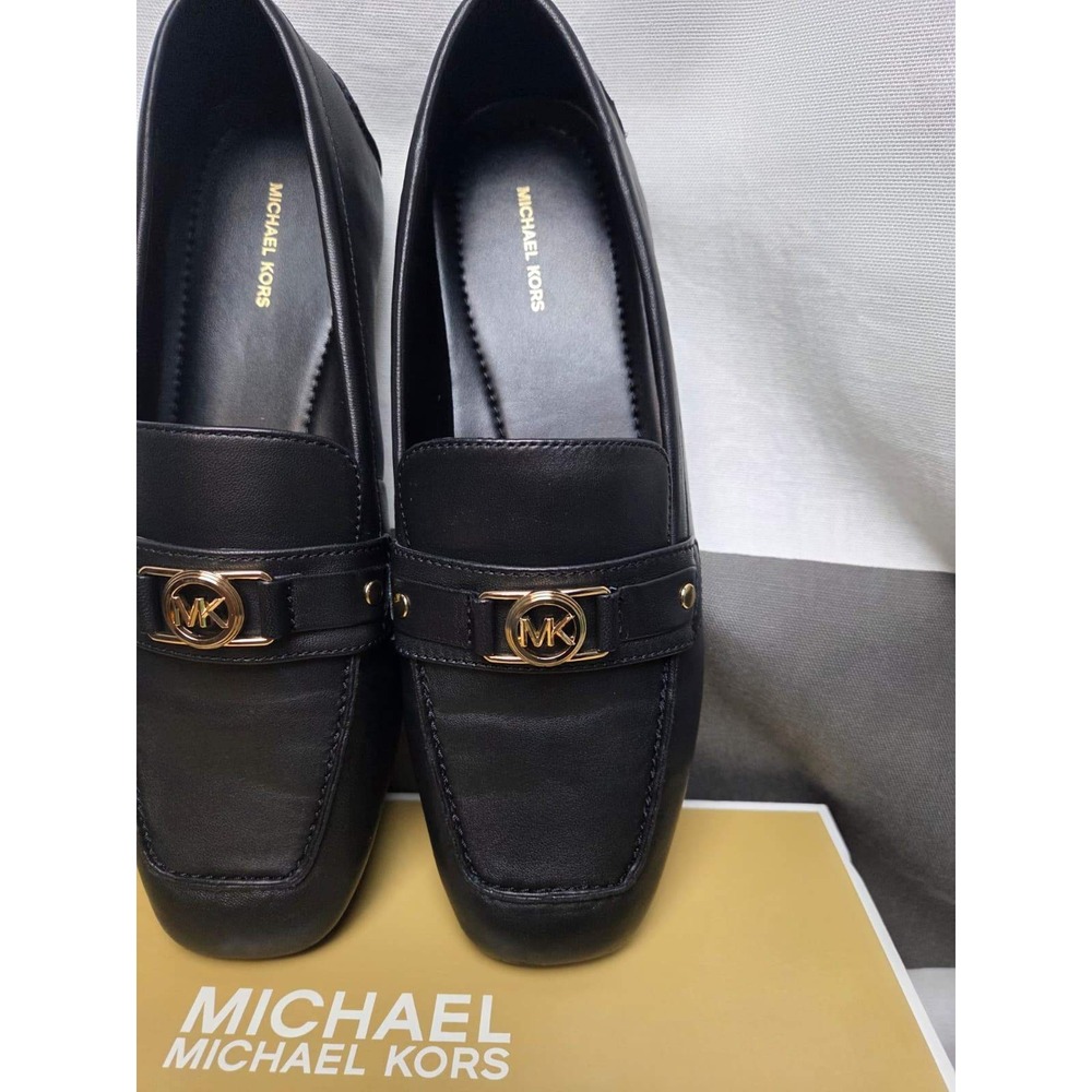 Michael Kors Mandy Loafer Moc Black Leather Square Toe Logo Buckle Shoe - Picture 4 of 10